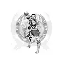 A blackwork tattoo featuring a Muay Thai fighter surrounded by iconic symbols from the client's favorite games and manga tattoo design idea