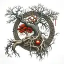 tree of life with roots of bone surrounded by a bloody symbol of chaos with eldritch eyes looking down from above  tattoo design idea