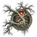 tree of life with roots of bone surrounded by a bloody symbol of chaos with eldritch eyes looking down from above  tattoo design idea
