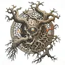tree of life with roots of bone surrounded by a bloody symbol of chaos with eldritch eyes looking down from above  tattoo design idea
