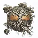 tree of life with roots of bone surrounded by a bloody symbol of chaos with eldritch eyes looking down from above  tattoo design idea