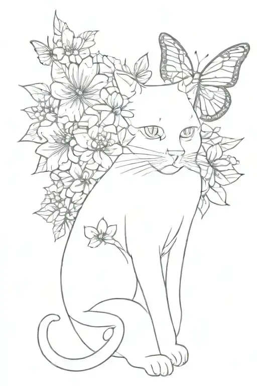 butterfly, cat, flowers tattoo design idea