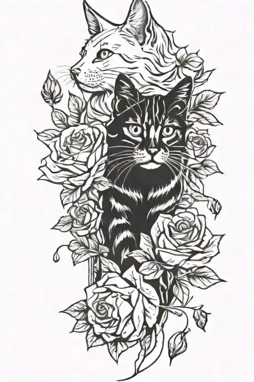 full sleeve with roses, a cardinal, a tabby cat, a white cat, and puppy tattoo design idea