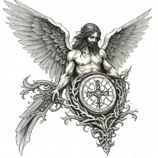 Tattoo Top Forearm to Wrist - Heavy metal style, Biblically Accurate Angel as the main design, tree of death, Cross, Gar tattoo design idea