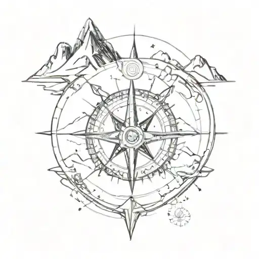 A sketch-style tattoo of a compass with mountain peaks in the background tattoo design idea