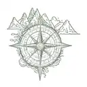 A sketch-style tattoo of a compass with mountain peaks in the background tattoo design idea