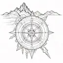A sketch-style tattoo of a compass with mountain peaks in the background tattoo design idea