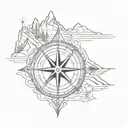 A sketch-style tattoo of a compass with mountain peaks in the background tattoo design idea