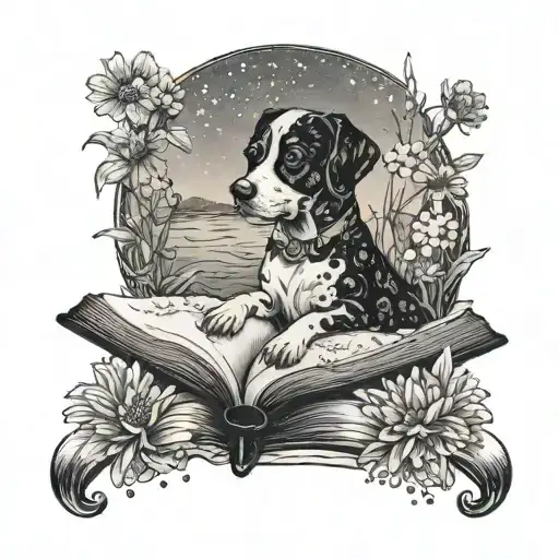 A tattoo of a dog reading a book by a river surrounded by daisies tattoo design idea