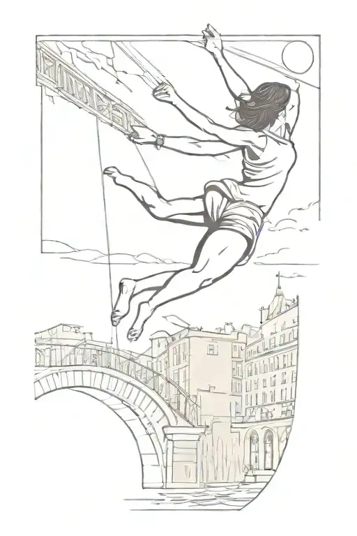 A barefoot woman jumps off a bridge for a key in the water in Paris in winter weather at sunset. A woman in flight reach tattoo design idea