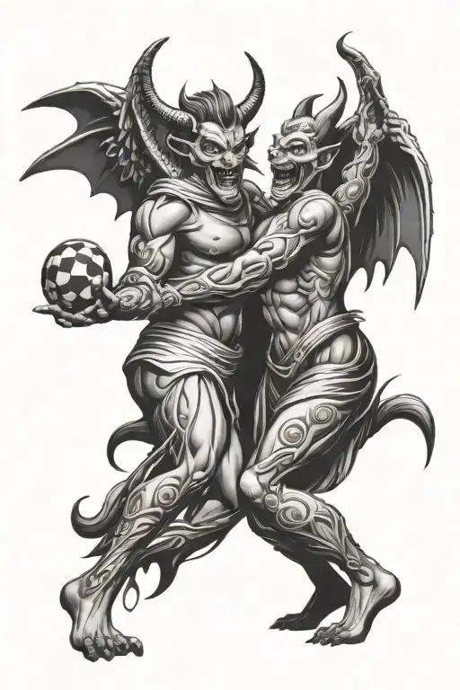 A smoking devil and angel playing darts in a black-grey style tattoo design idea