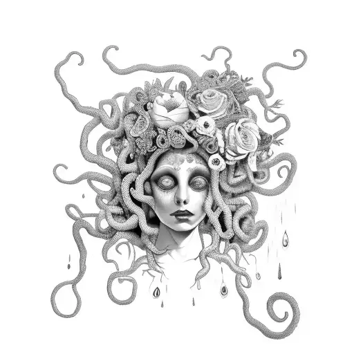 Medusa's head with flowers in her hair and tears but make it Tim Burton meets Rebecca Dau tattoo design idea