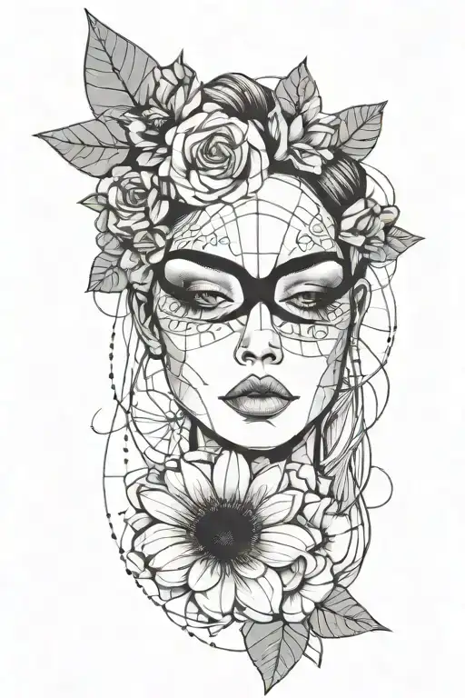 GIRL WITH FLOWERS OVER HER EYES. ABSTRACT. BLACKWORK. THIN & THICK LINES. LOWER ARM. SMALL AND LONG. tattoo design idea