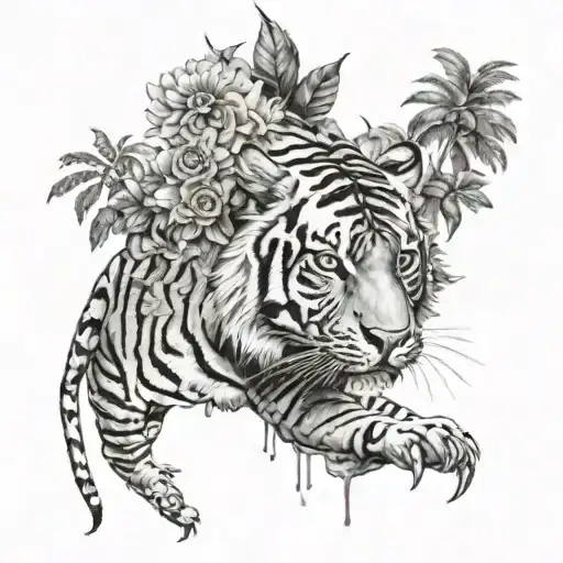 A party scene with psychedelic elements and a hidden tiger silhouette tattoo design idea