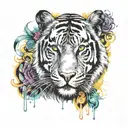 A party scene with psychedelic elements and a hidden tiger silhouette tattoo design idea