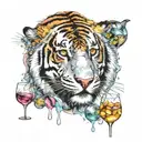 A party scene with psychedelic elements and a hidden tiger silhouette tattoo design idea