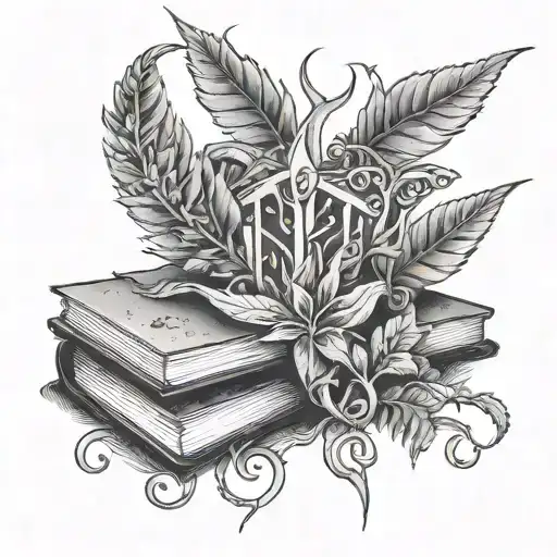A mystical weed plant entwined with academic symbols like books and pens tattoo design idea