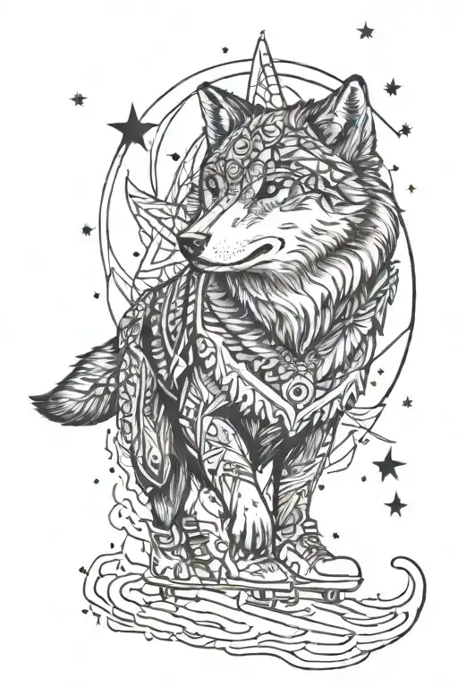 A wolf gracefully ice skating under the stars forming tattoo design idea