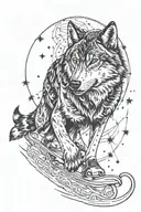 A wolf gracefully ice skating under the stars forming tattoo design idea