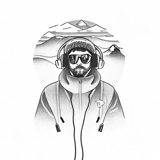 A portrait of a snowboarder with headphones on, with the Sierra mountains in the background tattoo design idea