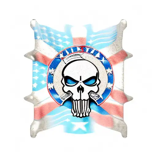 United States Marine Punisher skull Sergeant Chevrons and dog tags all surrounded by a tattered American flag tattoo design idea