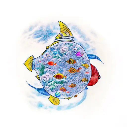 A realistic astronaut floating above a vibrant aquarium filled with colorful fish tattoo design idea