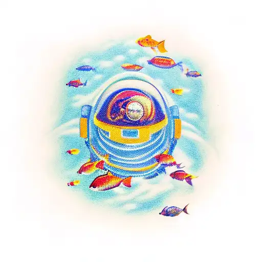 A astronaut floating above a vibrant aquarium filled with colorful fish tattoo design idea