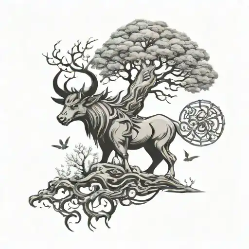 tree of life with an ox and a dragon flying tattoo design idea