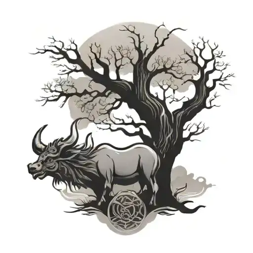 tree of life with an ox and a dragon  tattoo design idea