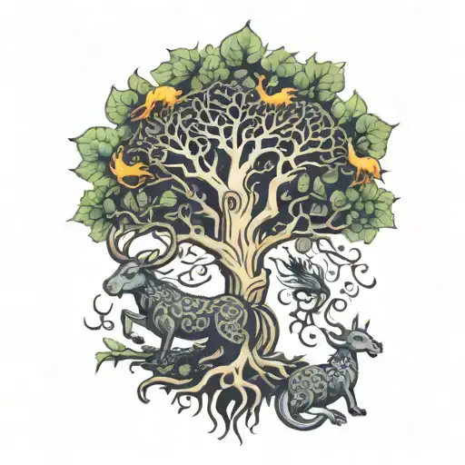 tree of life with an ox and a dragon  tattoo design idea