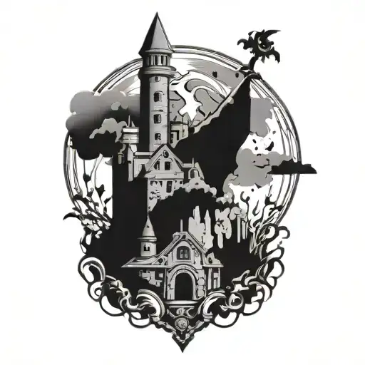 Viking castle surrounded by thunder bolts  and sword and shield  tattoo design idea