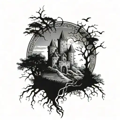 Viking castle surrounded by thunder bolts / tree tattoo design idea
