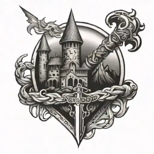 Viking castle surrounded by thunder bolts  and sword and shield  tattoo design idea