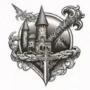 Viking castle surrounded by thunder bolts  and sword and shield  tattoo design idea