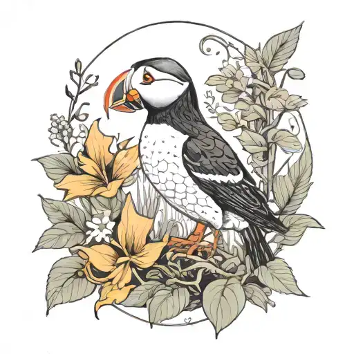 puffin and dino in nature in black and white drawing tattoo design idea