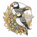 puffin and dino in nature in black and white drawing tattoo design idea