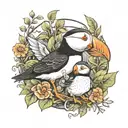 puffin and dino in nature in black and white drawing tattoo design idea