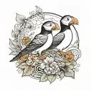 puffin and dino in nature in black and white drawing tattoo design idea