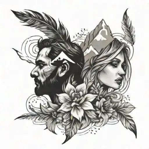 mountains, man and woman outline, feathers, flowers,  tattoo design idea