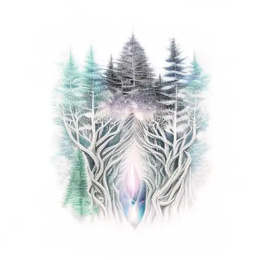 A mystical forest with a space-themed waterfall tattoo design idea