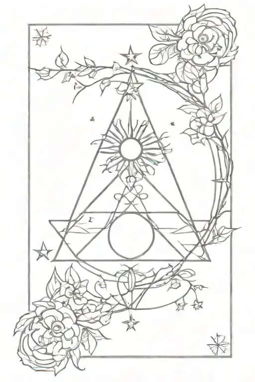 linework tarot card featuring sun moon and stars a triquetra and vines or flowers tattoo design idea