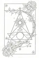 linework tarot card featuring sun moon and stars a triquetra and vines or flowers tattoo design idea