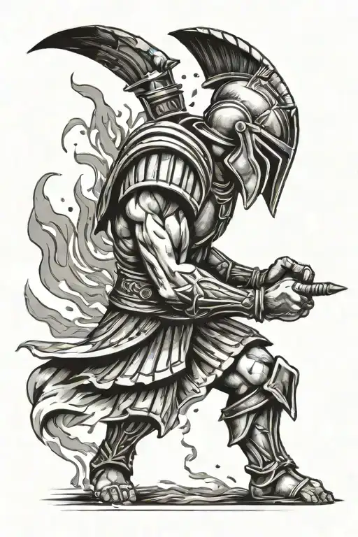 spartan fighting with fire and ash falling   tattoo design idea