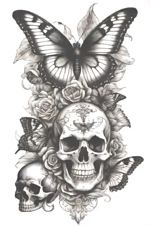 butterfly and moth and skull tattoo design idea