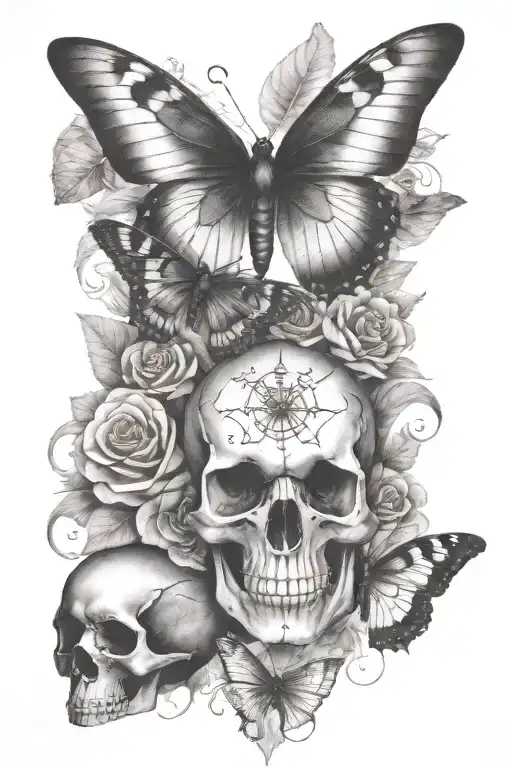 butterfly and moth and skull tattoo design idea