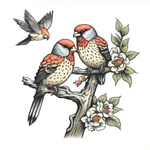 crochet and finches tattoo design idea