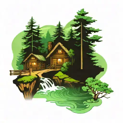 An enchanting scene of a winding river flowing through a verdant forest, with a cozy cabin perched on the riverbank, evoking feelings of freedom and self-connection in nature tattoo design idea