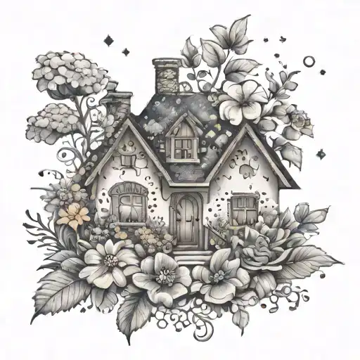 A charming illustration of a happy home surrounded by a variety of different flowers, symbolizing the uniqueness of family tattoo design idea