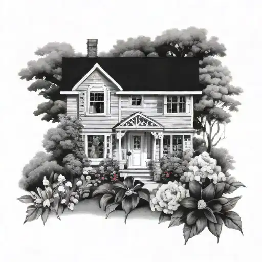 An inviting cottage with a welcoming front porch and a lush garden filled with vibrant flowers, embodying warmth and hospitality tattoo design idea