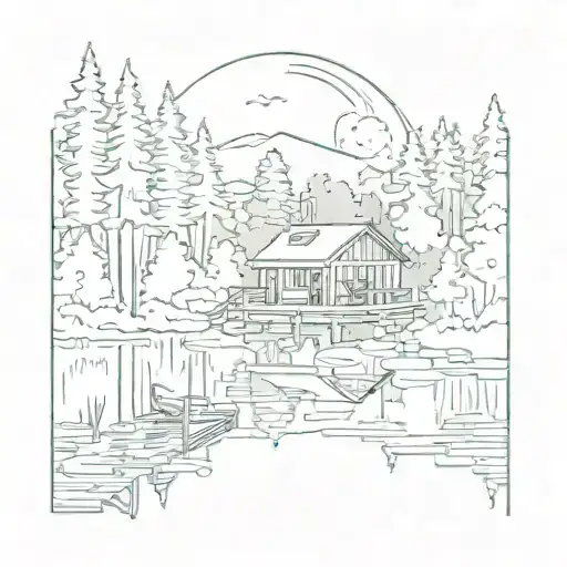 A serene image of a tranquil lake surrounded by lush green trees, with a cozy cabin in the background, symbolizing the beauty of nature and the comfort of home tattoo design idea